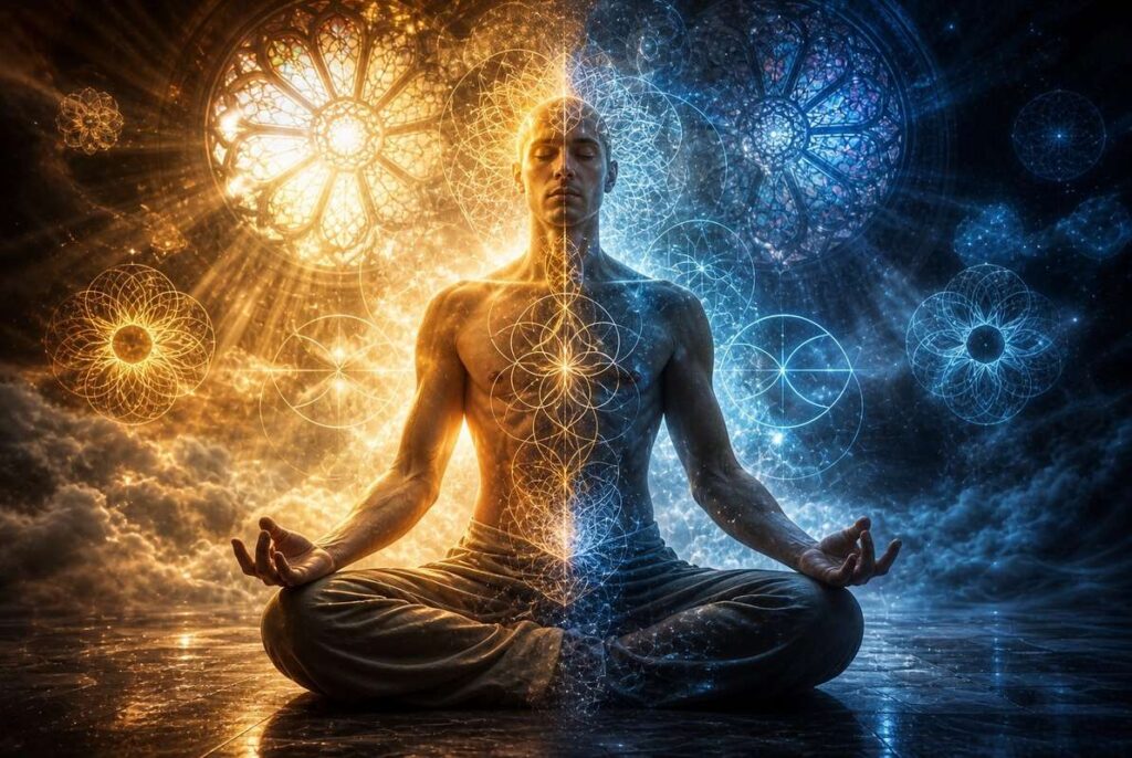 Meditating figure half in golden light and half in shadow, boundary dissolving into sacred geometry mandala