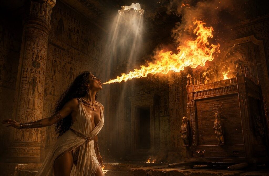 Ancient temple interior with woman breathing fire toward wooden ark while celestial light descends from above