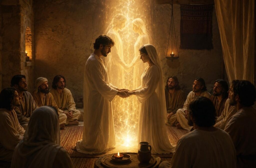 Man and woman in white garments with golden light column and angelic counterparts in early Christian space