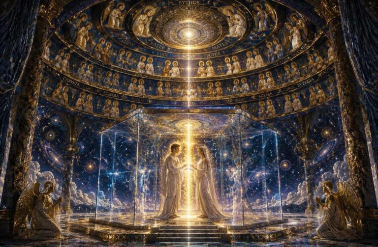 Two luminous androgynous figures in white robes within a translucent cubic chamber with starfields beyond