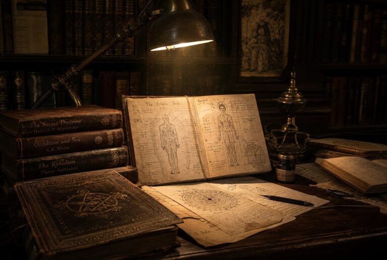 1930s occult study with leather grimoires and etheric body diagrams under brass lamplight