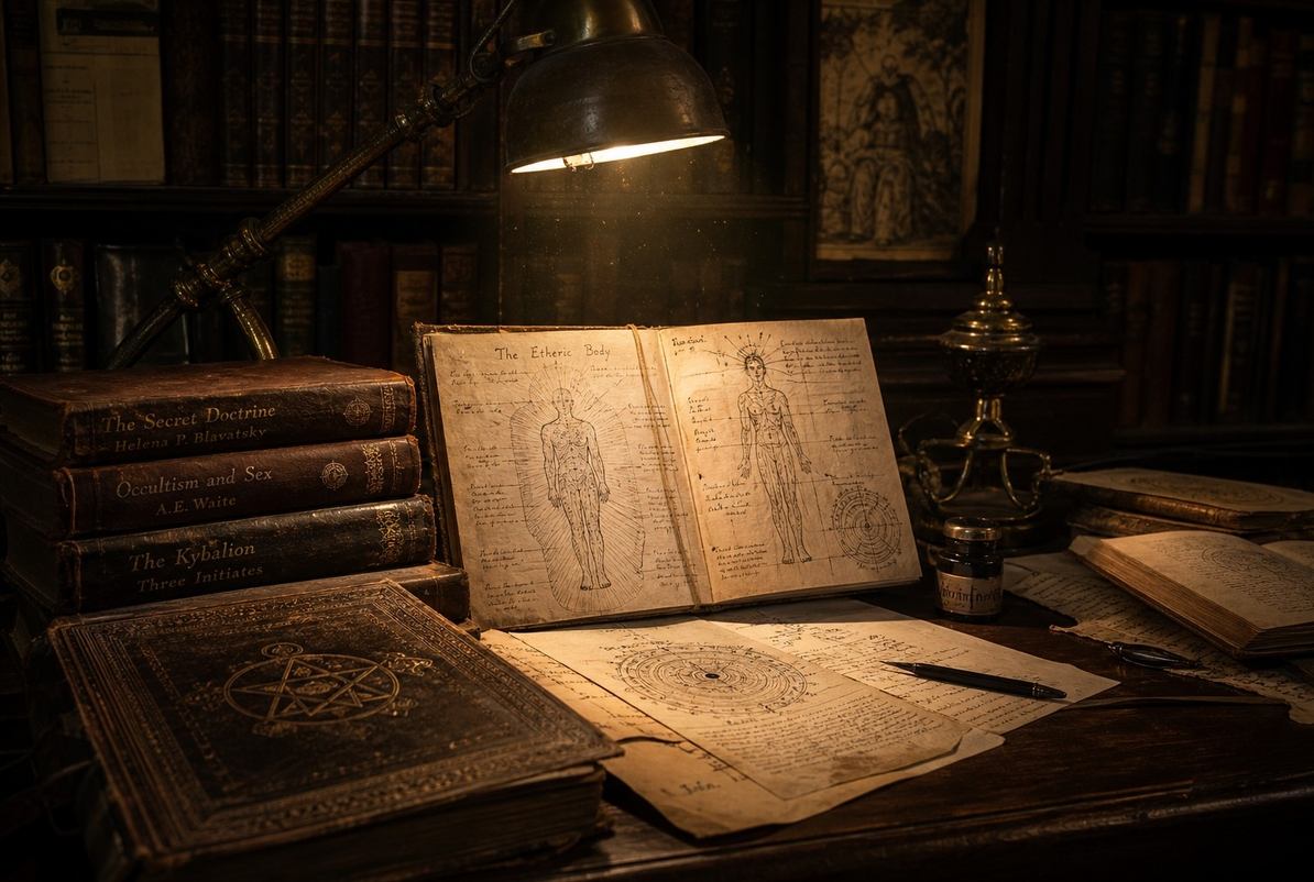 1930s occult study with leather grimoires and etheric body diagrams under brass lamplight
