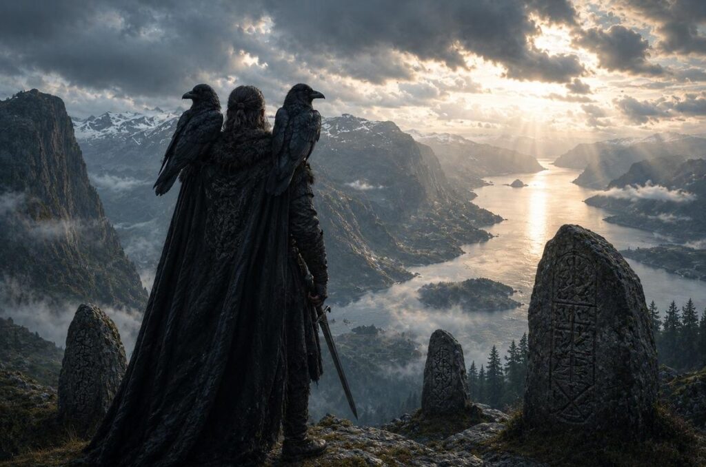 Two black ravens perched on a cloaked warrior's shoulders overlooking a misty Nordic fjord landscape