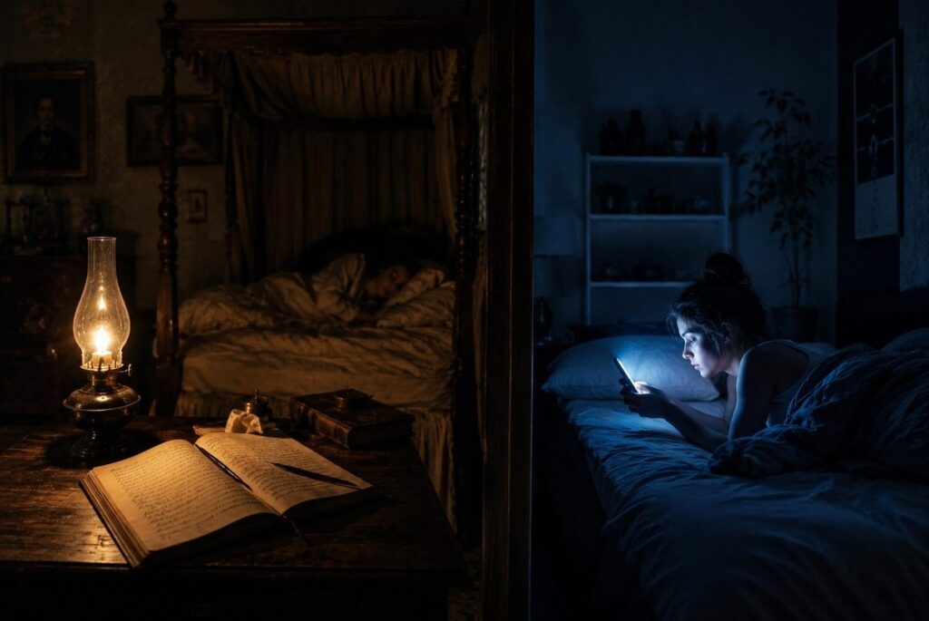 19th-century oil lamp and sleeping figure contrasted with modern smartphone in dark bedroom
