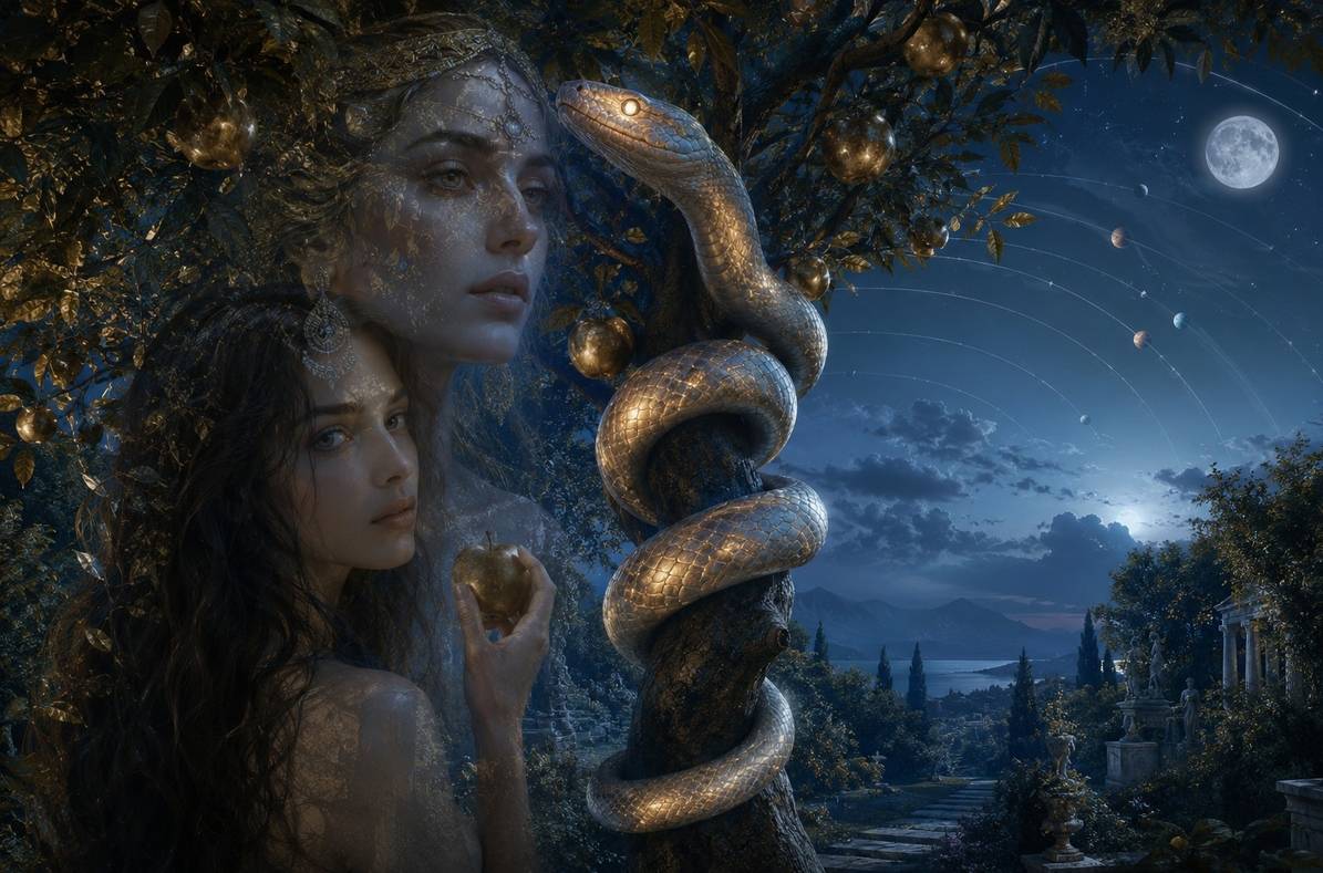 A luminous serpent coiled around a tree in an ancient garden, with the double-exposure of Sophia merging with Eve