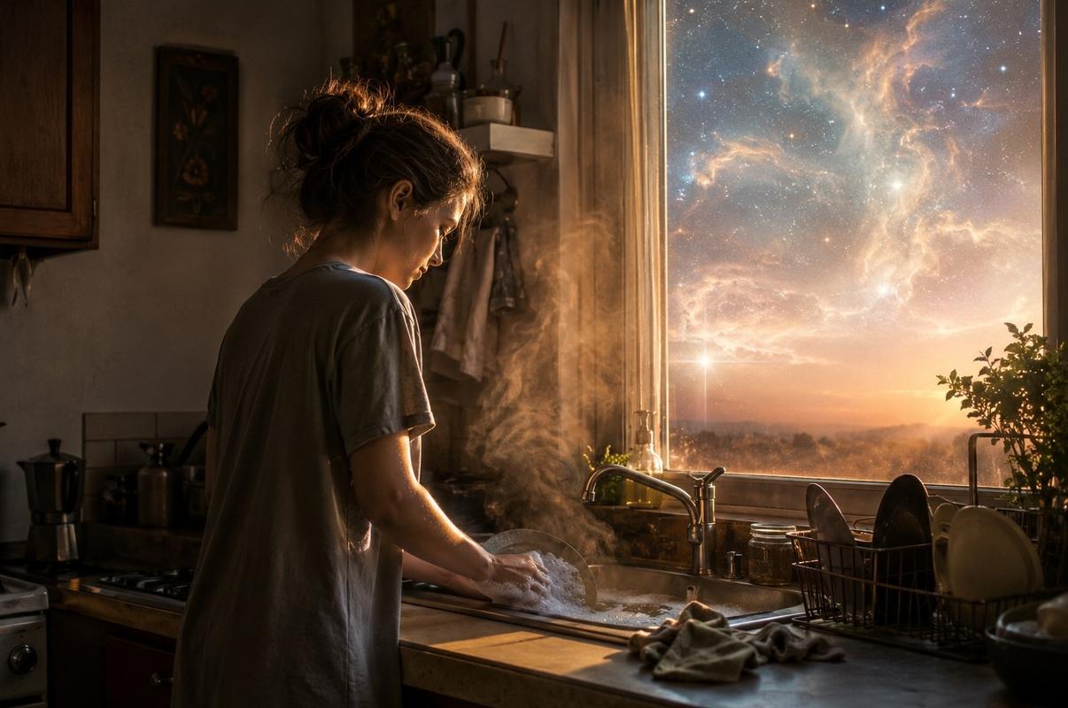 A person washing dishes at dawn with subtle cosmic light, representing humble spiritual practice