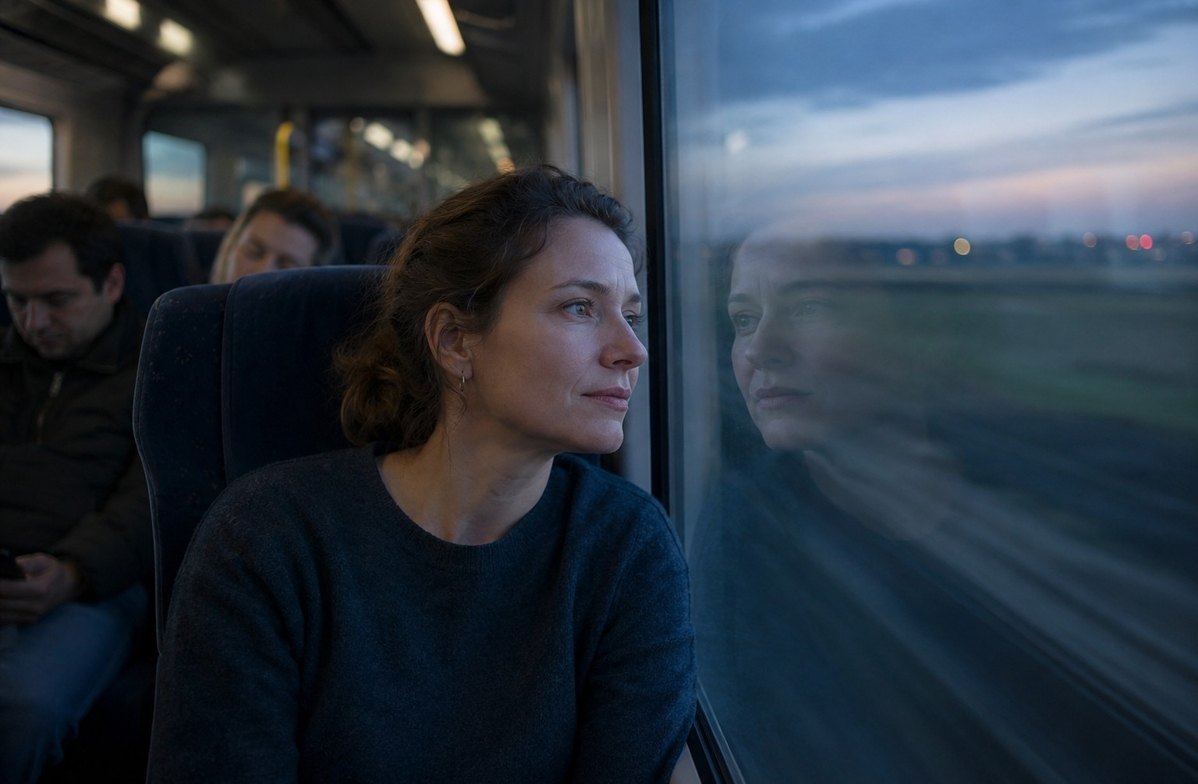 Commuter in ordinary clothes on train at dawn gazing out window with quiet presence