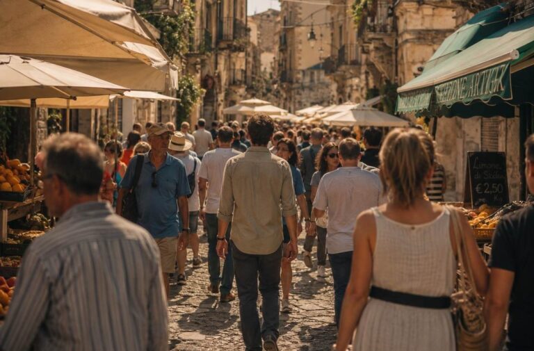 Person blending seamlessly with crowd in sunlit marketplace