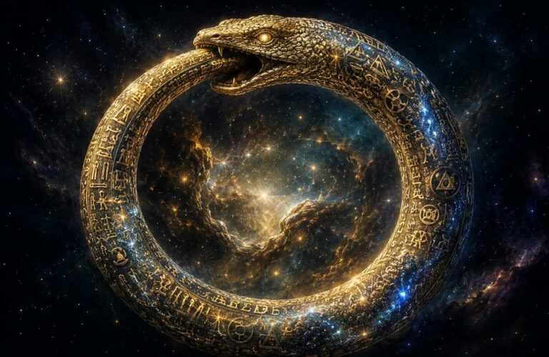 Cosmic serpent biting its tail formed from starlight and ancient symbols against indigo void
