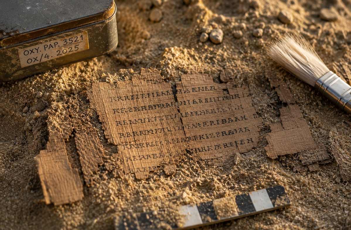 Ancient Greek papyrus fragments from Oxyrhynchus partially buried in Egyptian desert sand