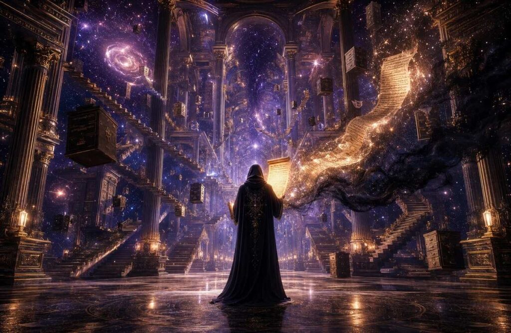 Solitary figure in cosmic administrative hall holding scroll unravelling into stardust and shadow