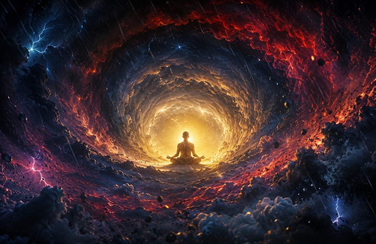 Meditator sitting in stillness at the centre of a swirling cosmic hurricane with calm golden light
