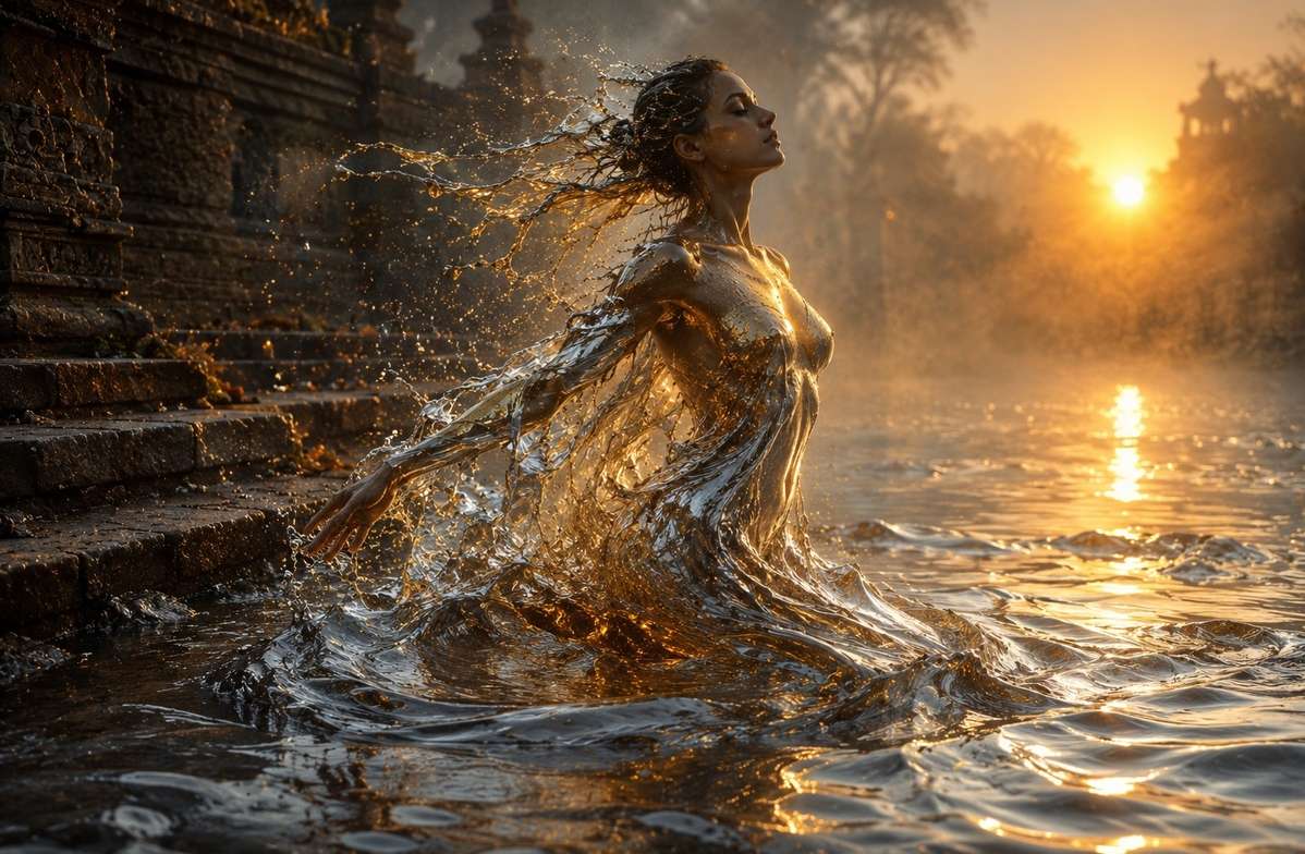 Human figure dissolving into and reconstituting from a river of liquid mercury and golden light