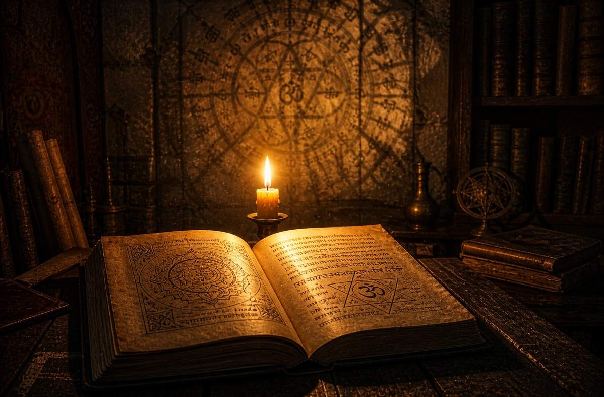 A single candle flame illuminating an ancient manuscript in a dark library, with shadows forming geometric patterns on the walls, representing the perennial invitation to esoteric wisdom
