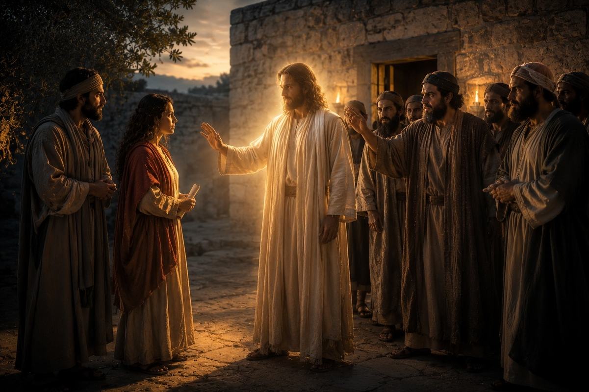 A woman with a scroll facing male disciples in a courtyard, one dismissive, one defensive