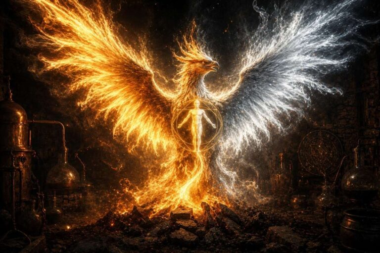 Phoenix rising from ashes with gold and silver wings and glowing rebis symbol