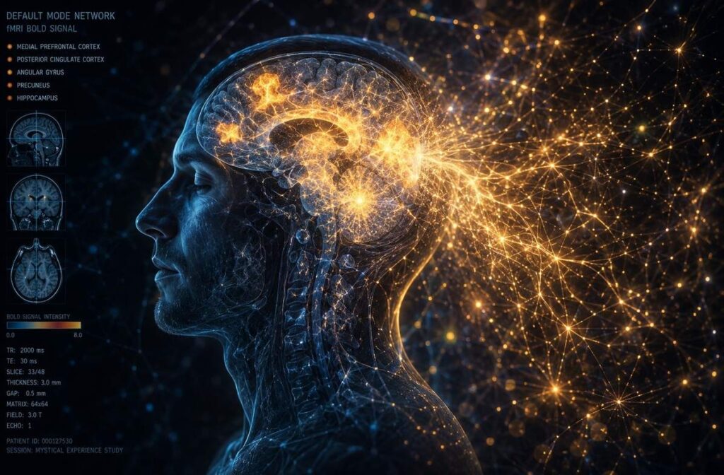 Brain scan showing DMN regions dissolving into interconnected neural pathways