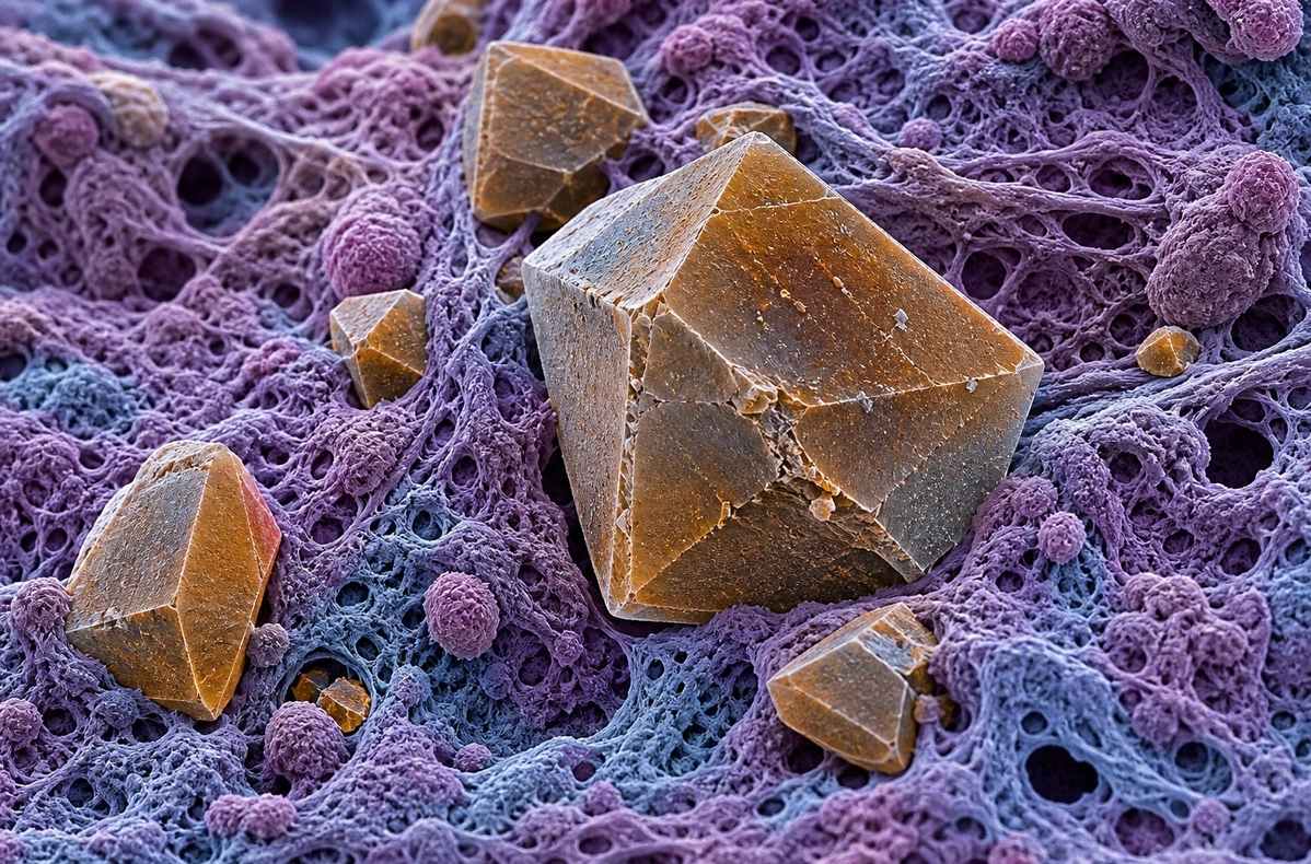 Electron microscope image of calcite microcrystals within pineal gland tissue, showing geometric crystalline structures
