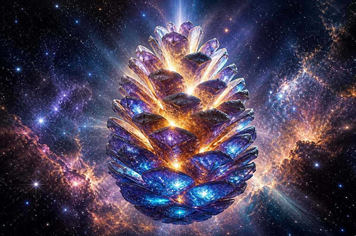 A luminous pine cone suspended in a starfield with light streaming through its crystalline structure, bridging earthly and cosmic dimensions
