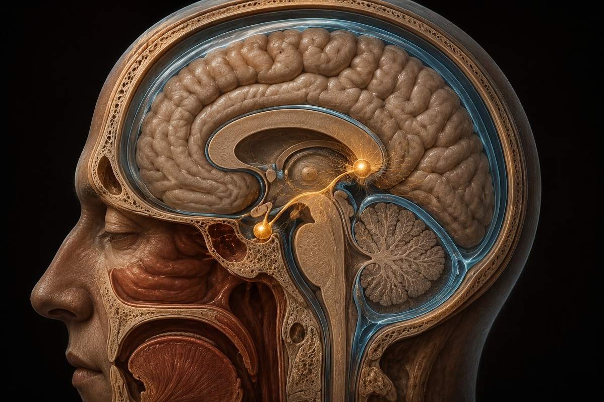 Photorealistic sagittal cross-section of human brain showing pineal and pituitary glands