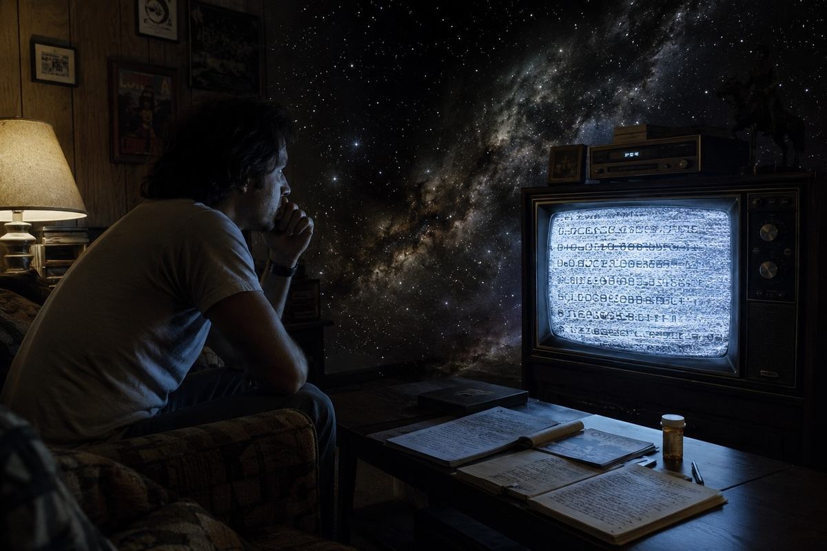 A 1970s living room with a television displaying static resolving into Coptic text