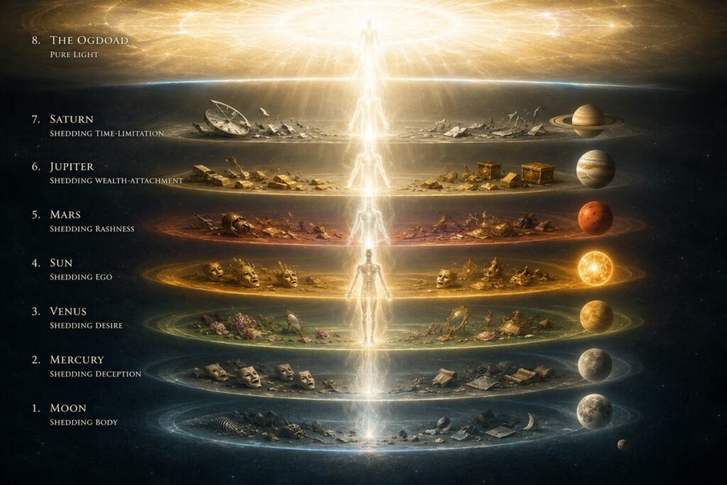 Figure ascending through seven planetary spheres shedding garments of cosmic influence