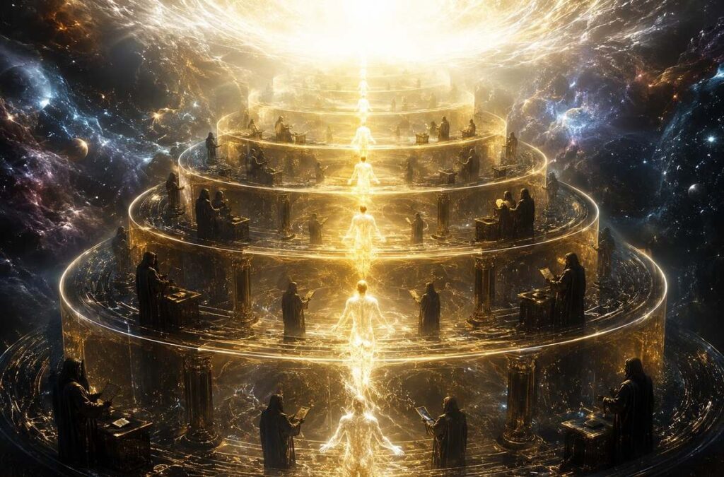 Luminous human soul ascending through seven concentric planetary spheres, each gate guarded by shadowy archonic customs officials, golden light beyond