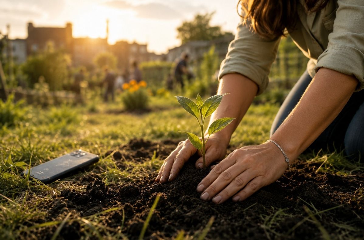 Hands planting seedling in soil with smartphone face-down on grass nearby