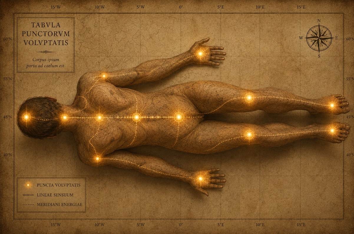Human body as a topographic map with glowing points of pleasure at wrists, feet, spine, and crown, warm golden light