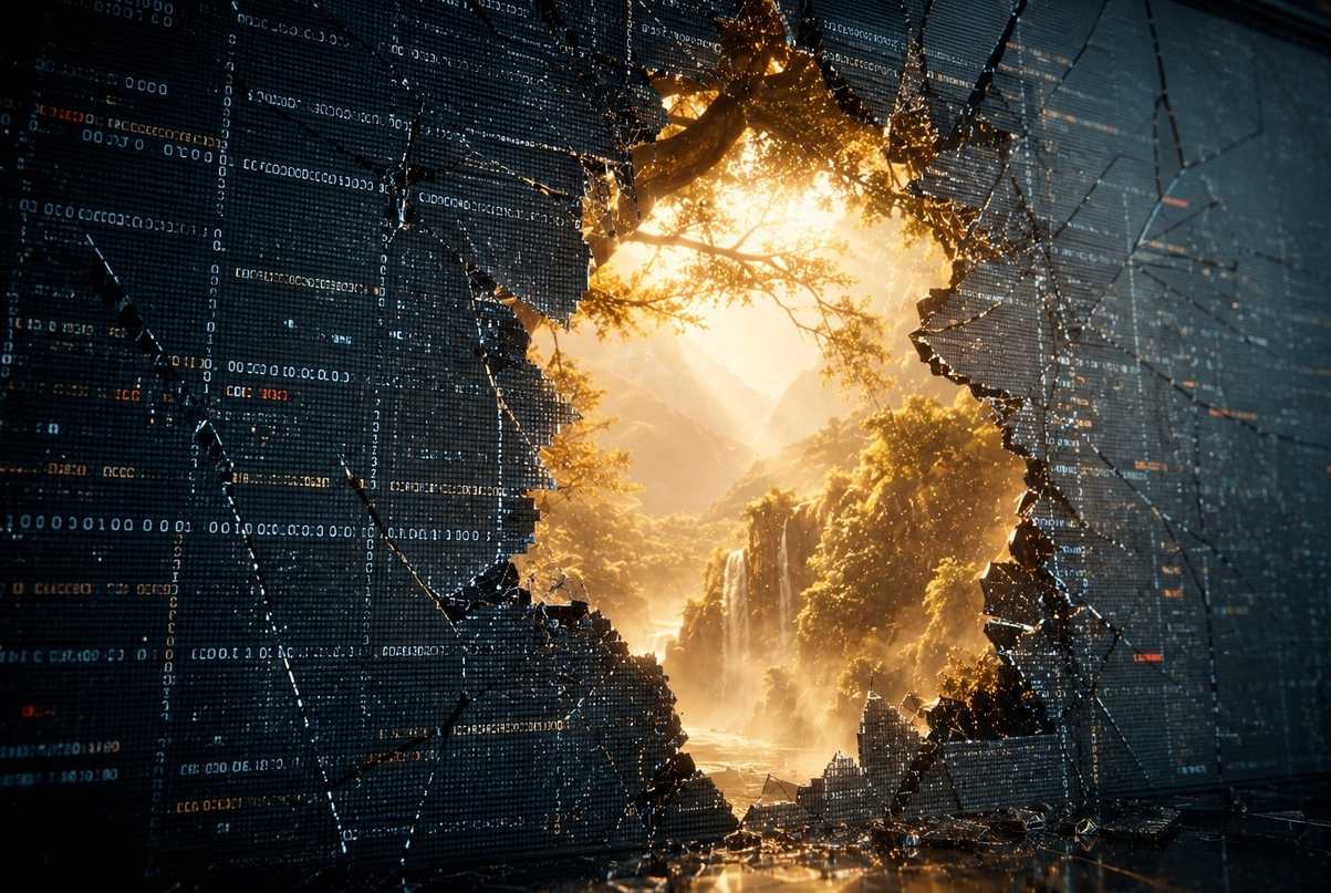 Luminous realm beyond a cracked digital screen showing golden light and organic forms representing reality beyond the simulation