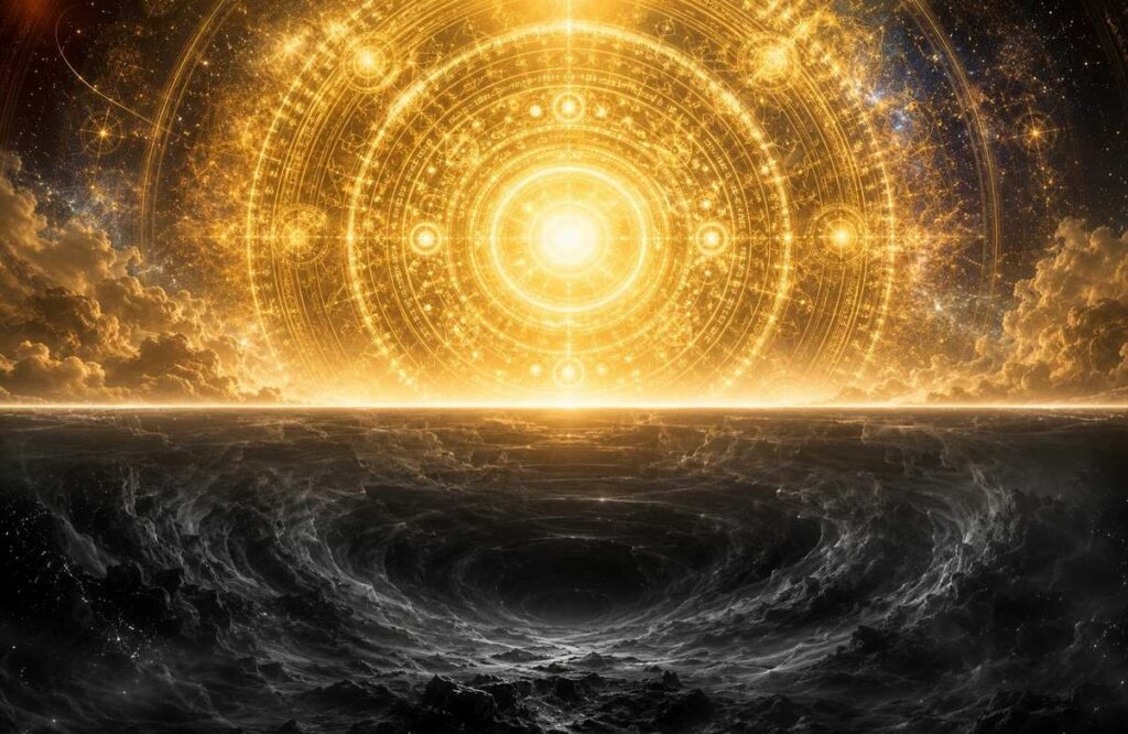 Cosmic diagram showing golden Pleroma sphere and grey Kenoma void separated by boundary