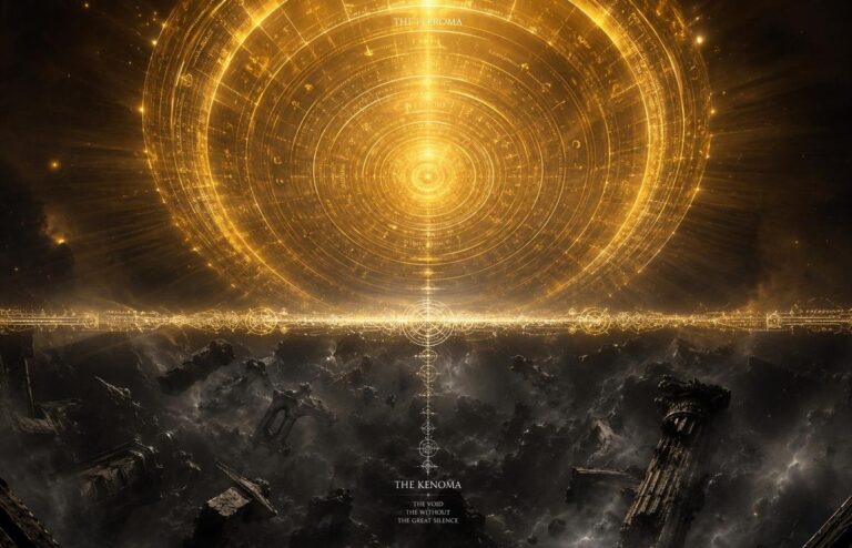 Cosmic diagram of golden Pleroma sphere above grey Kenoma void separated by luminous boundary