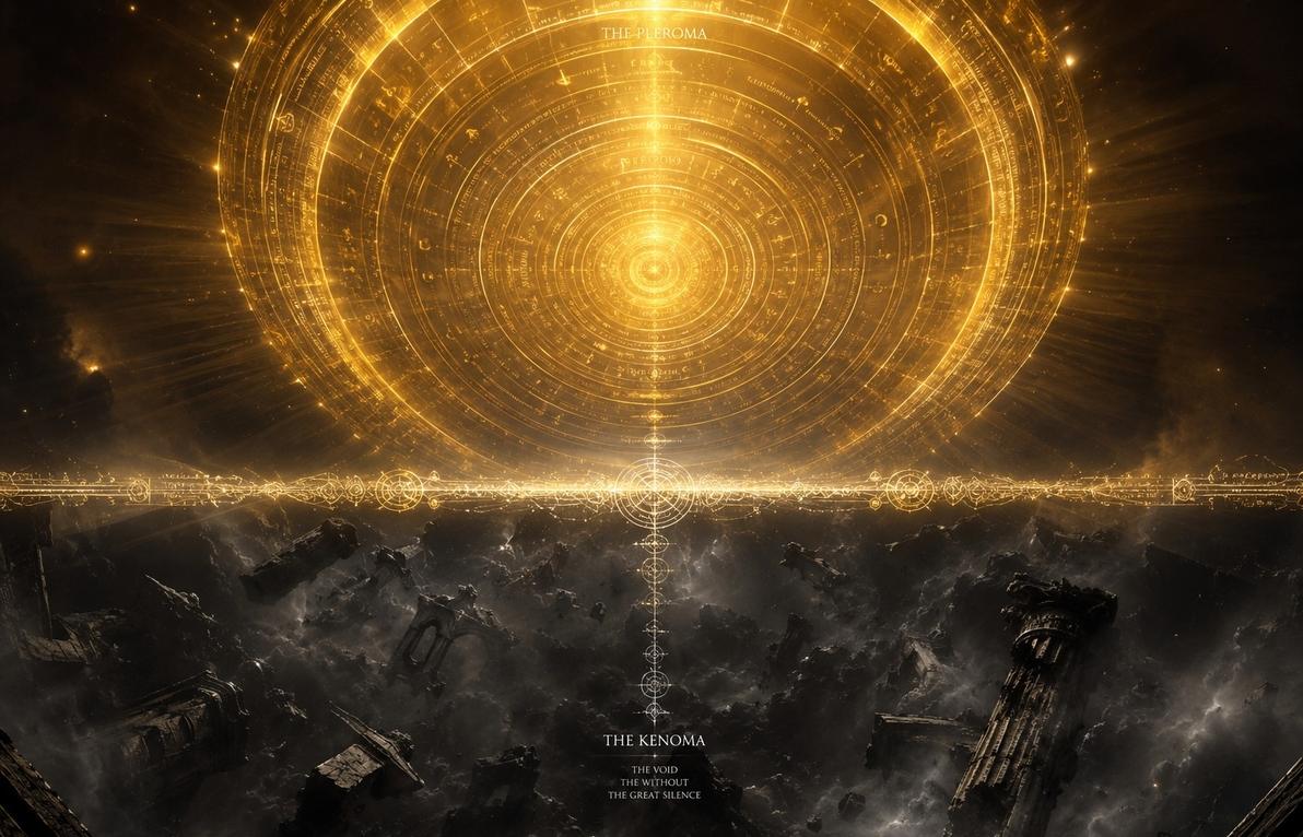 Cosmic diagram of golden Pleroma sphere above grey Kenoma void separated by luminous boundary