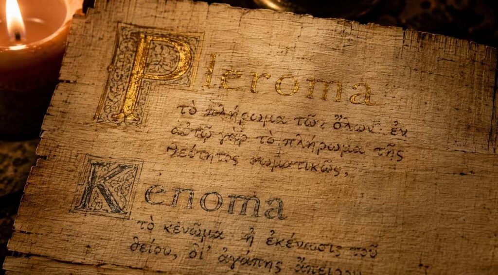 Ancient Greek manuscript with Pleroma and Kenoma in gold and grey ink on papyrus