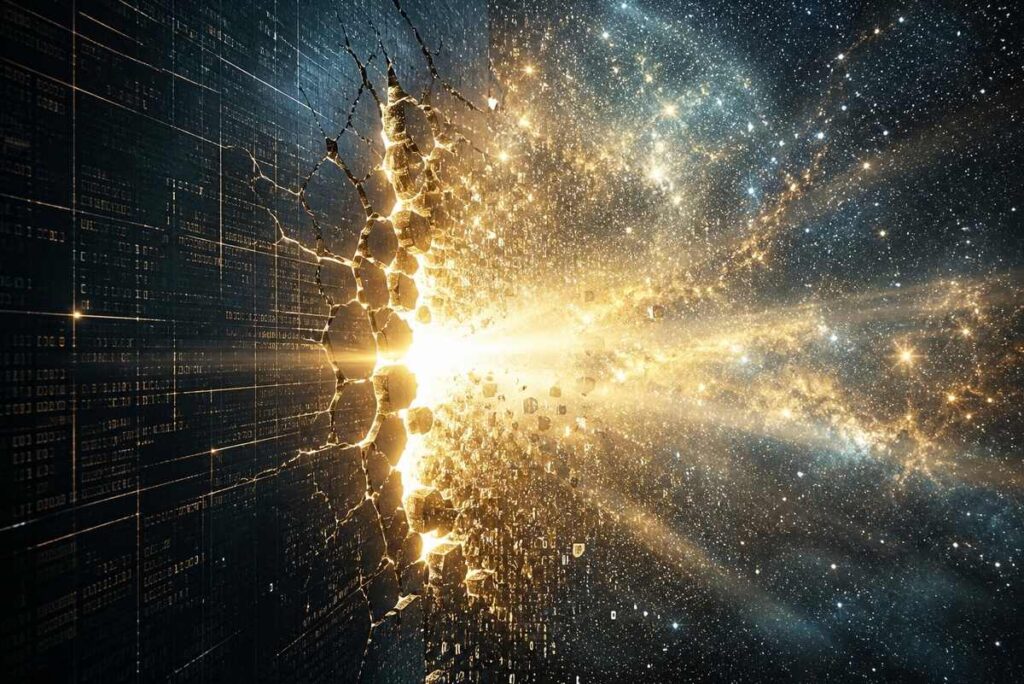 Luminous divine light breaking through digital grid cracks into infinite space