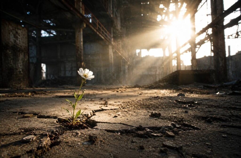 A white wildflower growing through cracked concrete in an abandoned industrial building, representing the hidden fullness within deficiency.