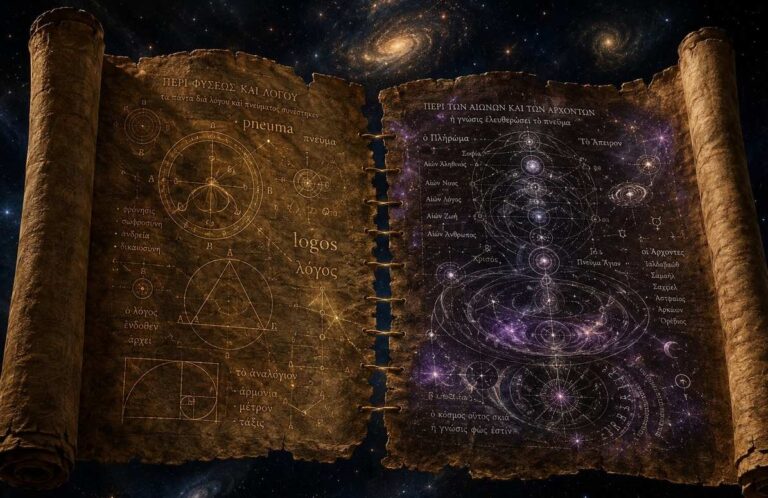 A split ancient manuscript showing Stoic geometric diagrams on one side and Gnostic celestial maps on the other, connected by a golden thread.