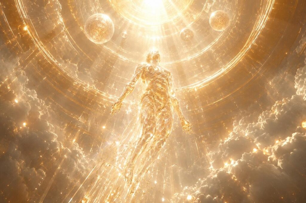Figure of golden light and crystal ascending through concentric rings of radiance
