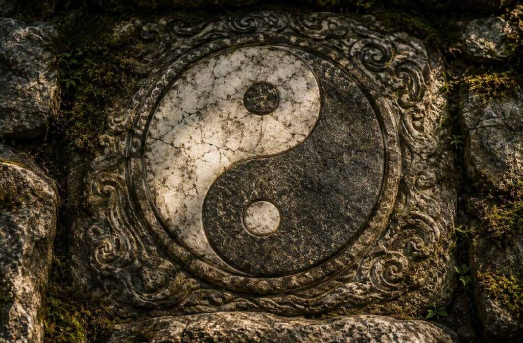 Weathered stone yin and yang carving with balanced light and shadow, representing the unity of polar opposites and the Principle of Polarity