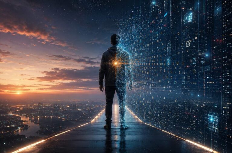 A human figure half organic and half digital standing on a luminous bridge with a golden spark at the heart.