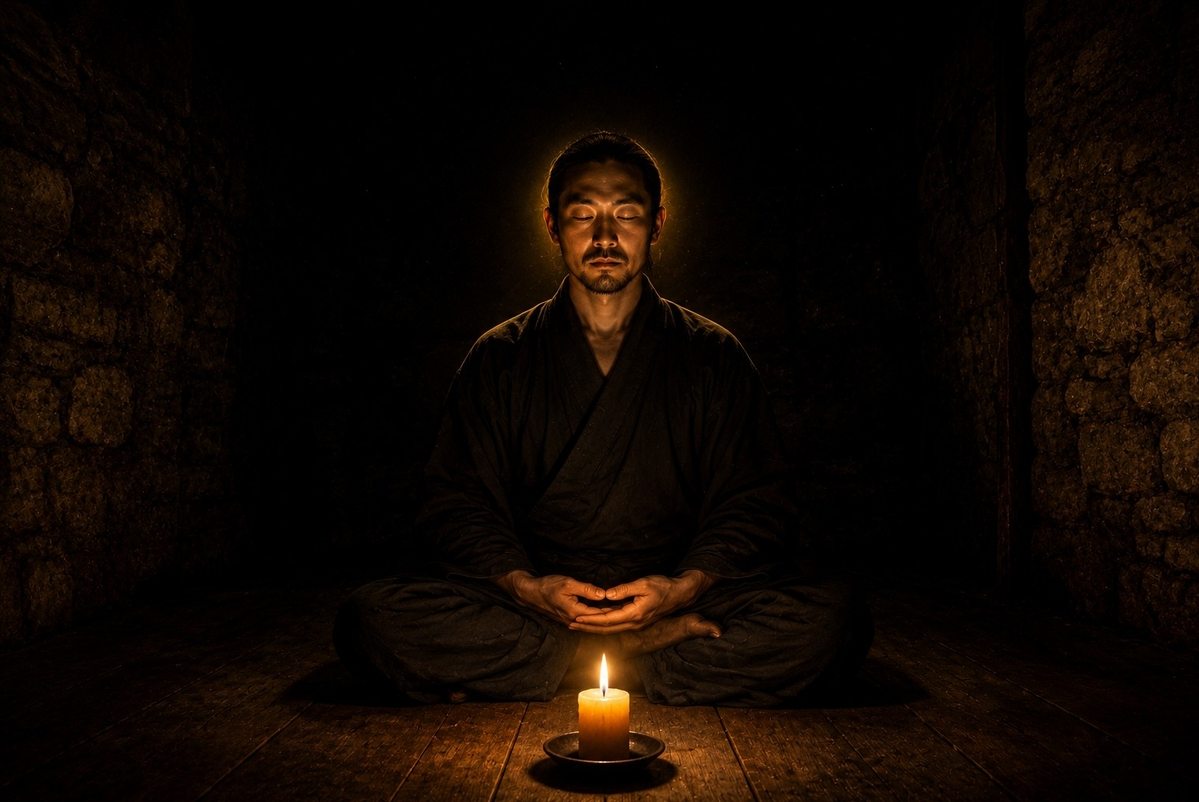 Practitioner seated in dark meditation chamber with single candle listening to inner sound