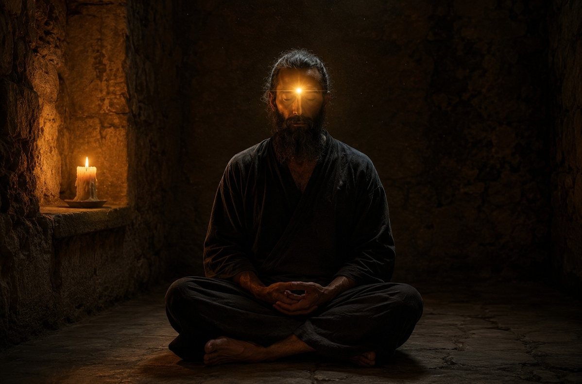 A solitary practitioner seated in meditation within a dimly lit stone chamber with subtle golden light emanating from the forehead