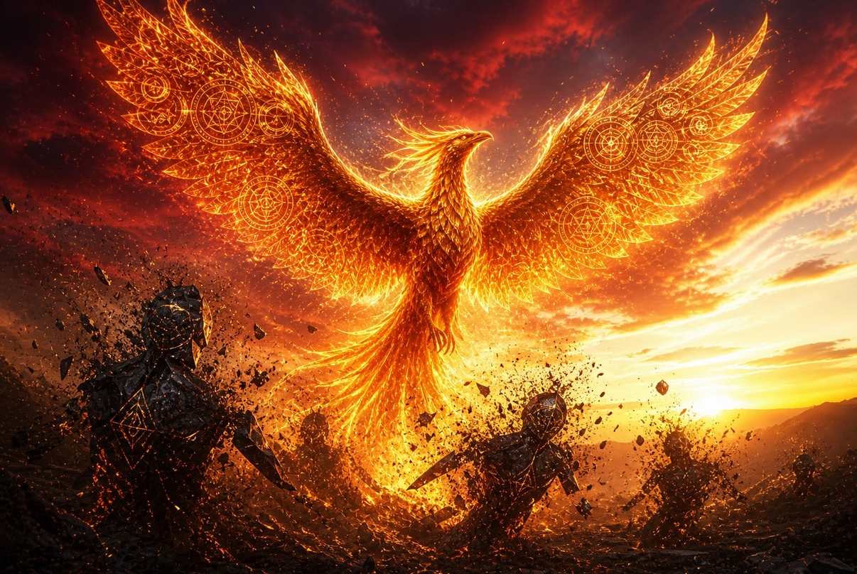 Phoenix rising from ashes that are shadowy archonic forms dissolving into golden light