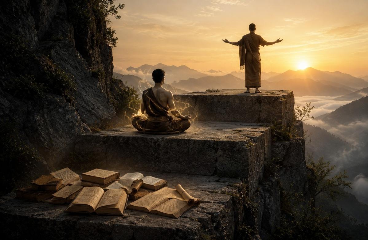 Three stages of preparation: intellectual study, practical work, and moral orientation represented as ascending steps