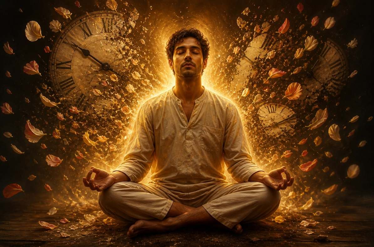 A person sitting in meditation with eyes closed, surrounded by a soft golden aura, with clock faces dissolving into petals around them, representing the fullness of the present moment