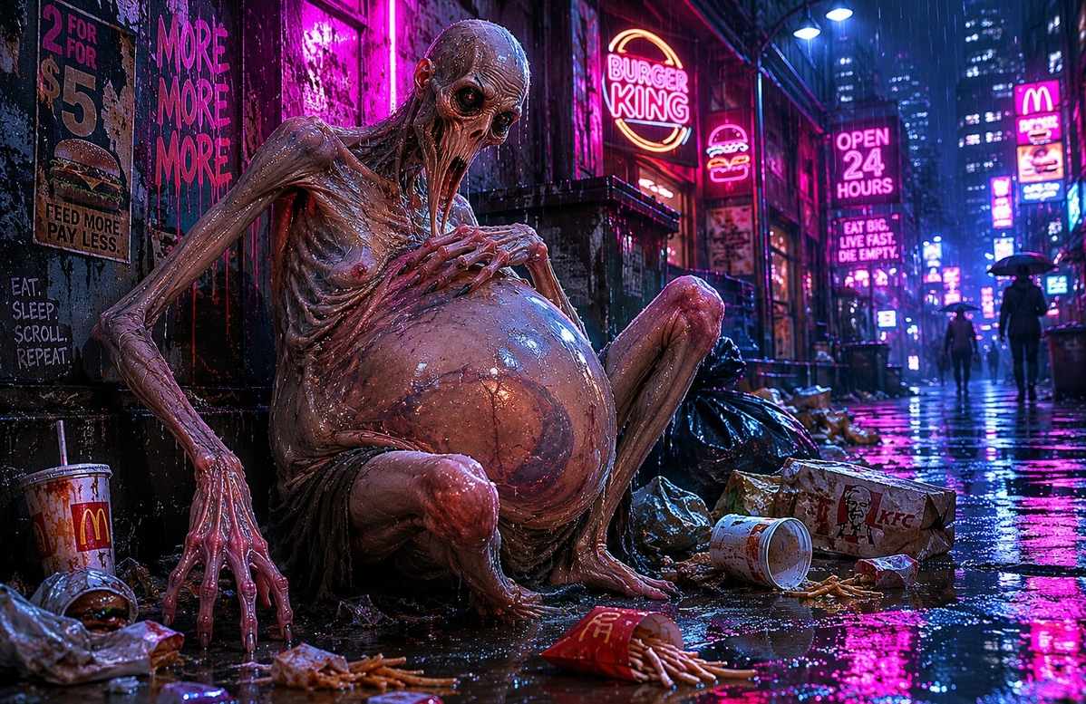 A gaunt translucent preta figure crouching in a rain-slicked urban alley amid discarded containers and neon signs