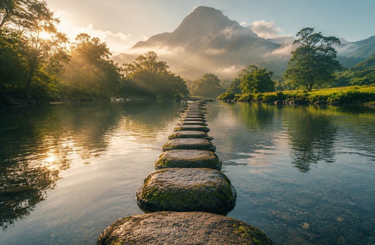 Stepping stones across a calm river leading toward a distant mountain, representing gradual safe passage