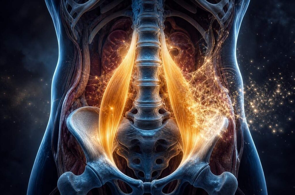 Anatomical psoas muscle glowing with stored ancestral tension being released through tremoring