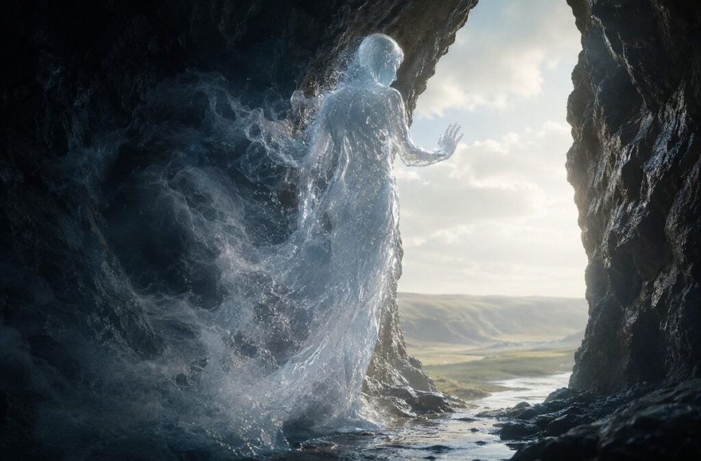 Figure of luminous mist standing at a threshold between dark cave and bright landscape
