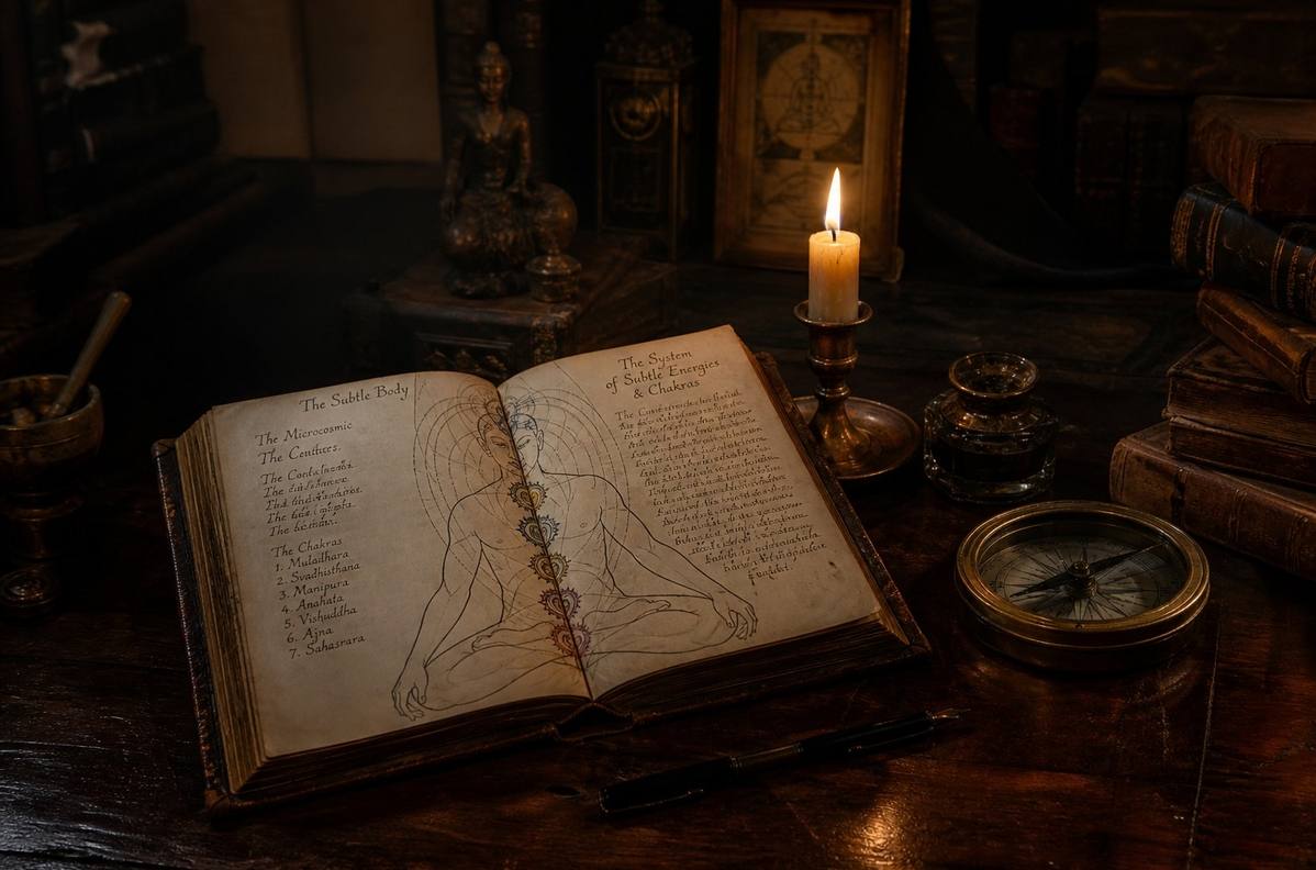 A dimly lit Victorian study with an open grimoire and a single candle casting long shadows across a diagram of subtle energy channels